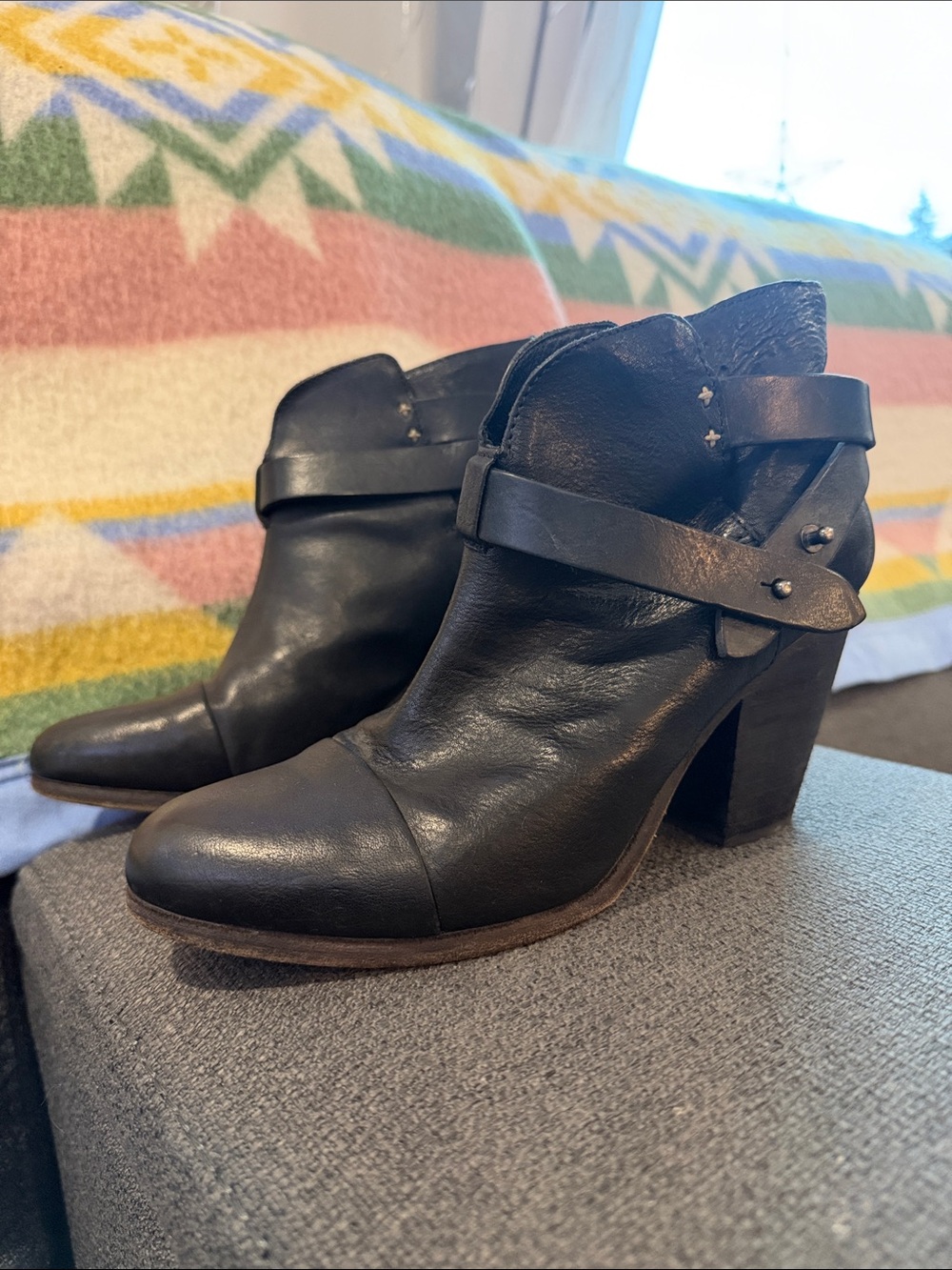 rag & bone Black Leather Ankle Booties with Strap and Block Heel